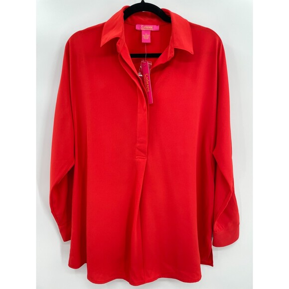 NWT CATHERINE MALANDRINO Red Slouchy Half Button Down Long Sleeve Blouse Size M - Picture 1 of 5